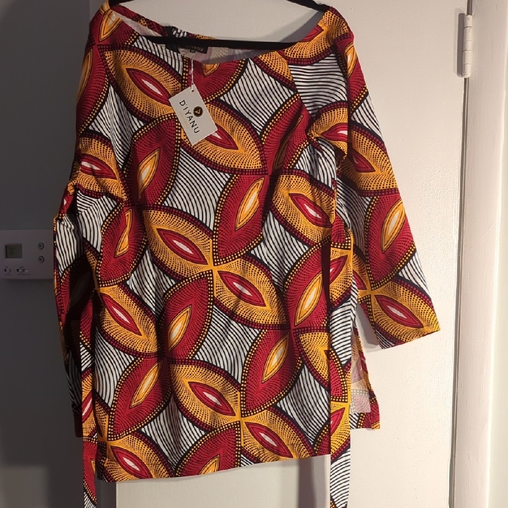 Nafula One-Shoulder Top with Slit (Red/Gold Leaves)
